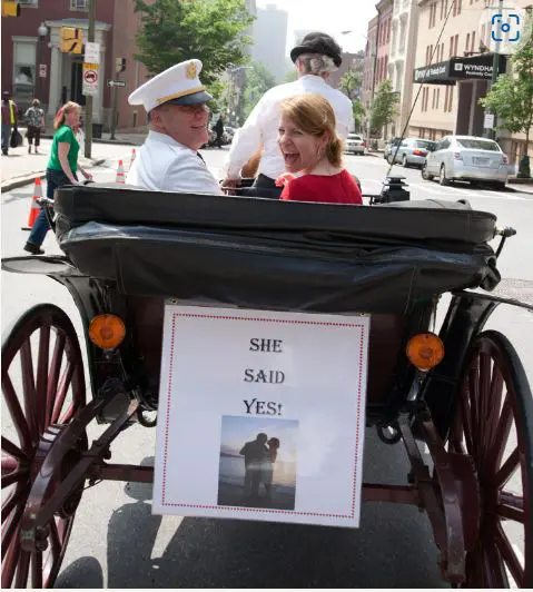 Horse drawn carriage with a poster with the words, "she said yes" on it tagged on the back.