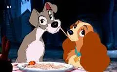 Scene from Lady & the Tramp, sharing spaghetti